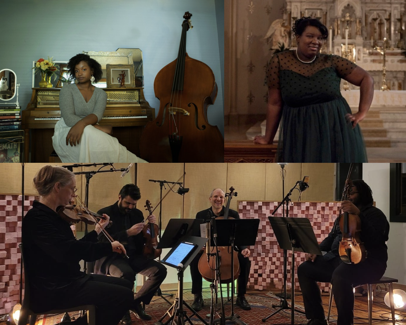 Photos: Top right, Composer Jessica T Carter Top left, Composer Jordyn Davis Bottom, Crossing Borders Music string quartet